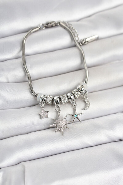 Hobibahçem Brass Silver Color Pole Star Detailed Charm Women's Bracelet