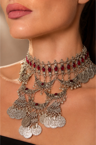 ALLONA Etnik Pul Detaylı Choker Kolye - Taş İşlemeli Gösterişli Kadın Aksesuar
