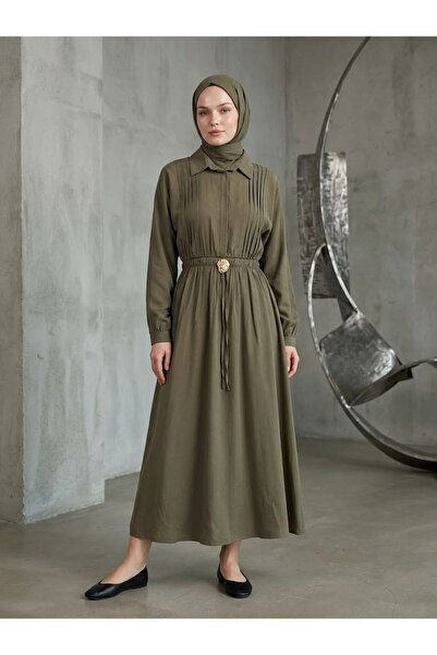 Naknaku Waist Elastic Half Pat Accessory Detail Dress-Khaki