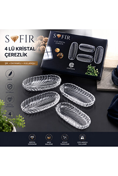 BYKARDELEN Safir 4'lü Mika Kristal Görünümlü Kayık Çerezlik Seti | Şeffaf Sun...
