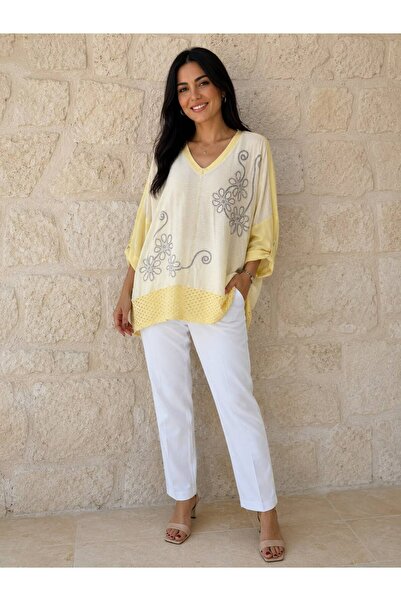 AGORATEKSTİL Women's Lace Detailed Stoned Cotton Oversize Blouse 46-54