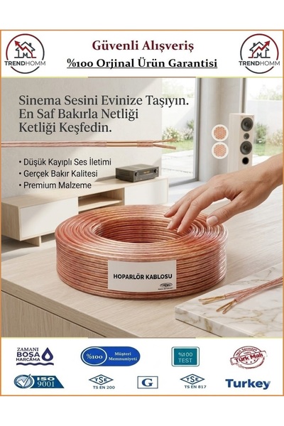 Trendhomm 2x0,75 Bitişik Hoparlör Tesisat Kablosu - %100 Bakır - Şeffaf