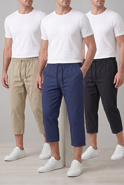 nacar çarşı Men's Comfortable Fit Set of 3 Beige Navy Blue Black Linen Hambez...