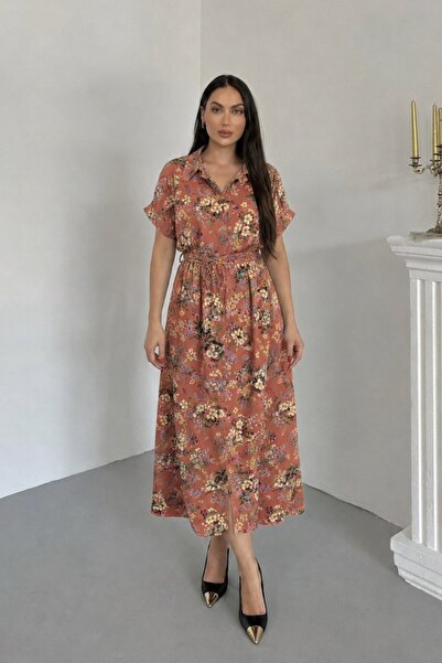 msm fashion Γυναικείο φόρεμα με μακρύ σχέδιο, κοντό μανίκι, γιακά πουκάμισου ...