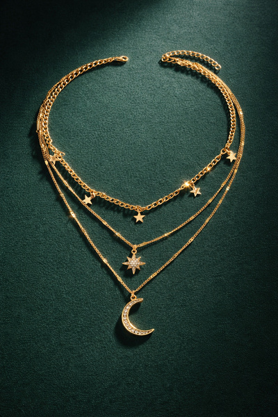 THE Steel Gold Color Moon Star Figured Multi-Layered Women's Necklace