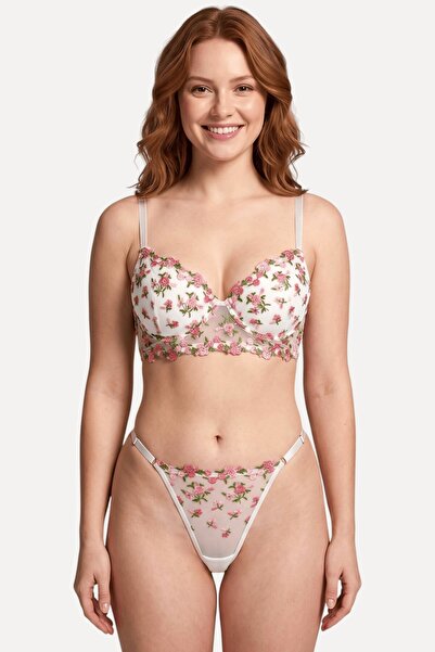hadiora White Pink Floral Detailed Supported Brode Bra Set - Stylish Lace Set...
