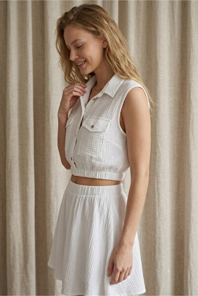 clavia Muslin Crop Shirt Sleeveless Pocketed Buttoned Collared Summer Casual ...