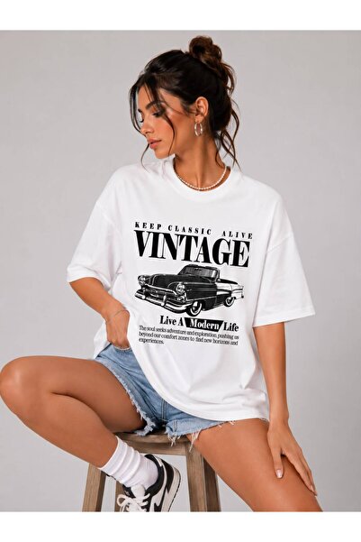 khufu White Oversize Fit Cotton Keep Classic Vintage Printed Relaxed Cut T-Sh...