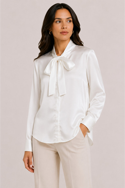 Basics&More Women's Scarf Collar Satin Shirt Long Sleeve Stylish Office Casua...