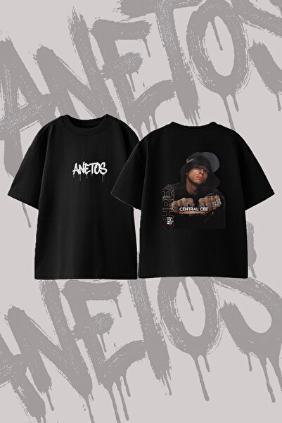 Anetos Central Cee_1 Μπλουζάκι με στάμπα σε σχέδιο Oversize Crew Neck, Μαύρο