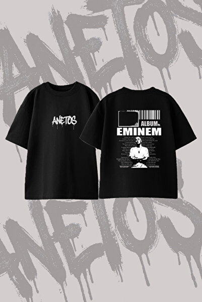 Anetos Eminem_4 Μπλουζάκι με στάμπα σε σχέδιο Oversize με λαιμόκοψη Crew, Μαύρο