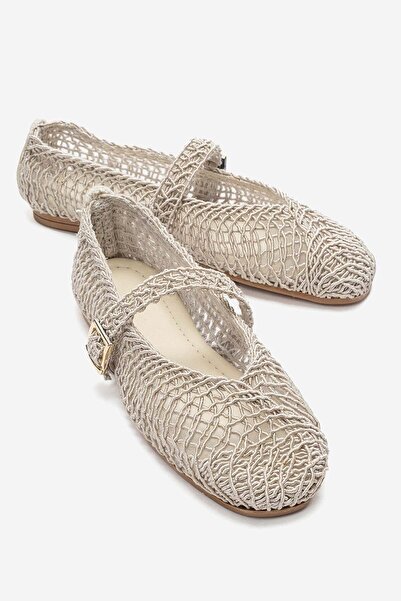 CCWAY AYAKKABI Women's Buckle-Strapped Braided Ballerina Shoes Cream