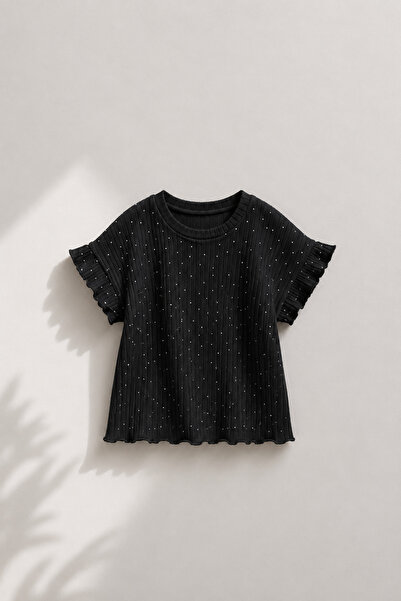 mini kanka 4-12 Years Old Ribbed Stone Detailed Shoulder Flounce Sleeves Lace...