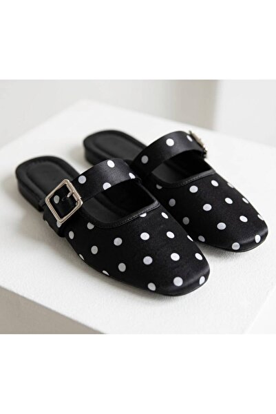FEMME FATALE Satin Open-Back Ballet Slippers with Polka Dot Buckle Detail