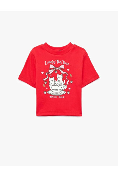Koton Crew Neck Short Sleeve Cotton Cat Print T-Shirt