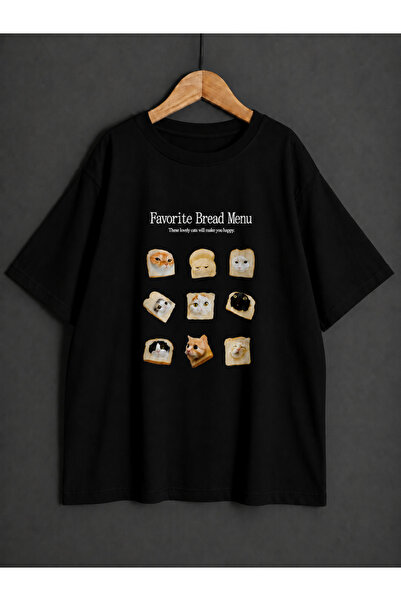 ZİYMO Unisex Cat and Bread Printed Oversize T-Shirt