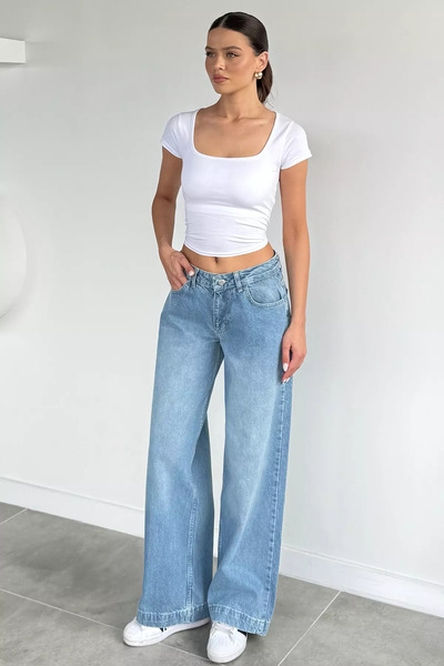 Aryena Blue Women's Washed High Waist Modern Style Palazzo Jean Denim Pants