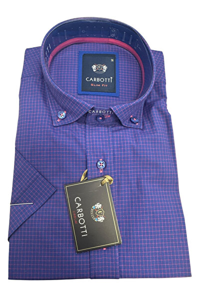 OEM Camasa barbati mov carouri, cu maneca scurta si dunga rosie, slim fit, bu...