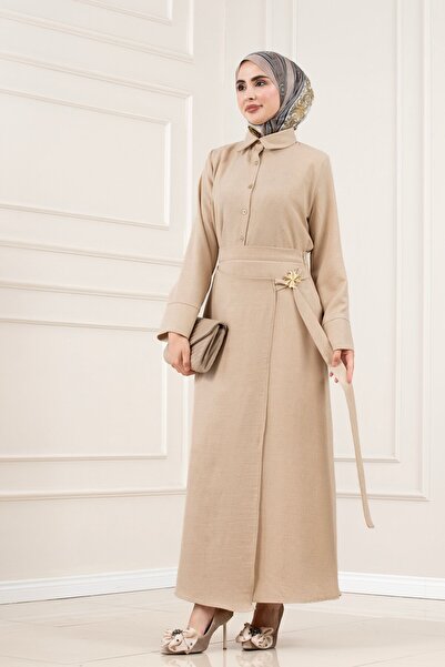 Sevitli Skirt with Buckle Detail Tuğba Double Set-Beige