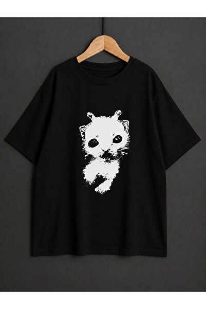 ZİYMO Unisex Y2K Alien Cat Printed Oversized T-Shirt