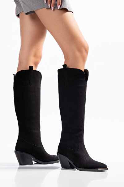 DENORA Black Matte Suede Metal Toe Flat Above-Knee Western Cowboy Boots