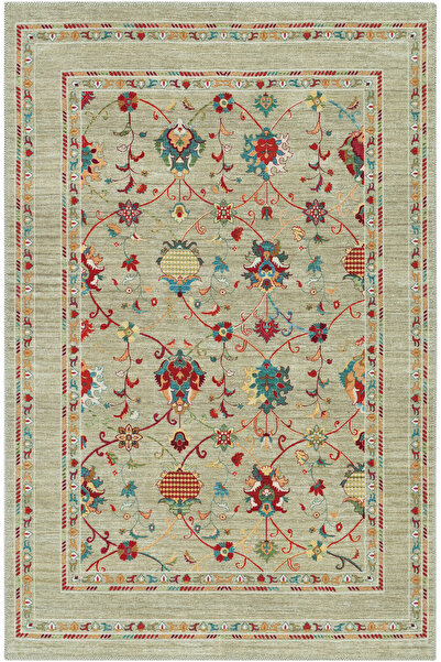 Cool Halı Happy Zeytin Yeşili Halı Çiçekli Vintage Kaymaz Eskitme Otantik Mod...