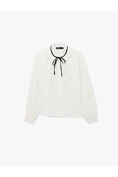 Koton Long Sleeve Tie-Detail Ruffled Stand Collar Shirt