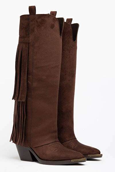 DENORA Brown Matte Suede Tasseled Trousers Metal Toe Western Cowboy Knee-Leng...