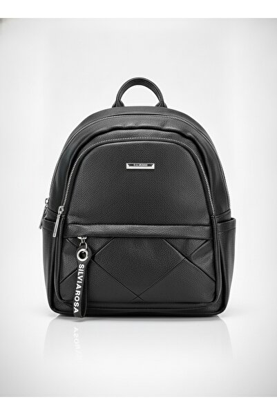 SilviaRosa Rucsac Dama Mic Piele Ecologica Buzunar Frontal Matlasat Negru