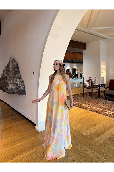 FLOWERİNG Women's Colorful Neck Tie Chiffon Mami Dress