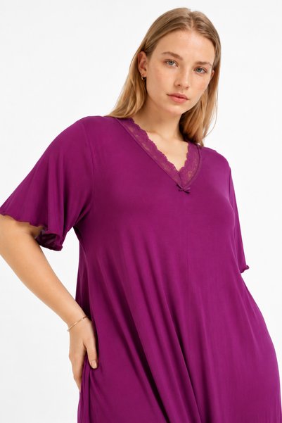 ESLEMCE Bamboo Viscose Fabric V Lace Collar Detailed Flared Dress