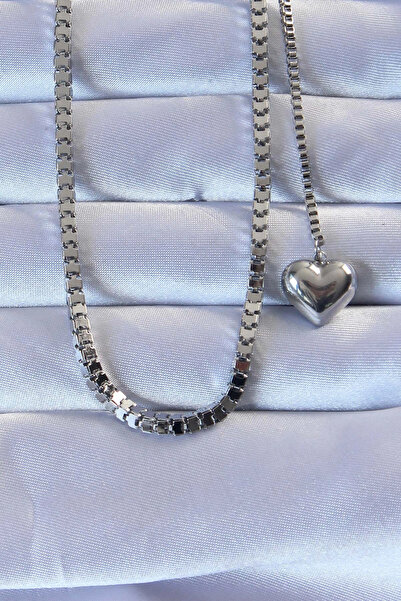 ARMÜZ 316L Steel Silver Color Cube Chain Heart Necklace