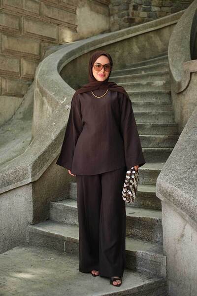 LOCCO Women's Crew Neck Side Lace Detailed Ribbed Suit Set Brown
