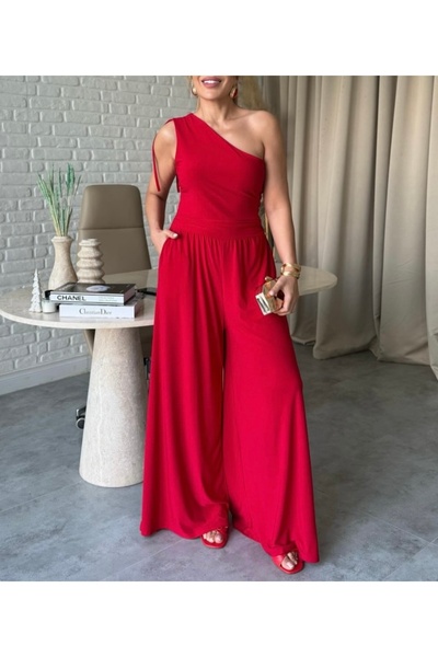 BERİ BUTİK Kadın tek kol likralı kırmızı tulum