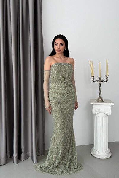 Serica Moda Yeşil Straplez Taş İşlemeli Balenli Eldivenli Dantel Abiye Elbise