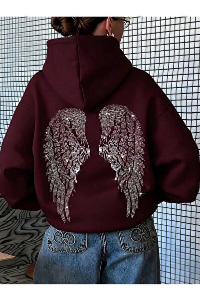 MOONBULL Kadın Sırtı Kanat Taş Baskılı 3 İplik Şardonlu Kumaş Kapüşonlu Oversize Sweatshirt