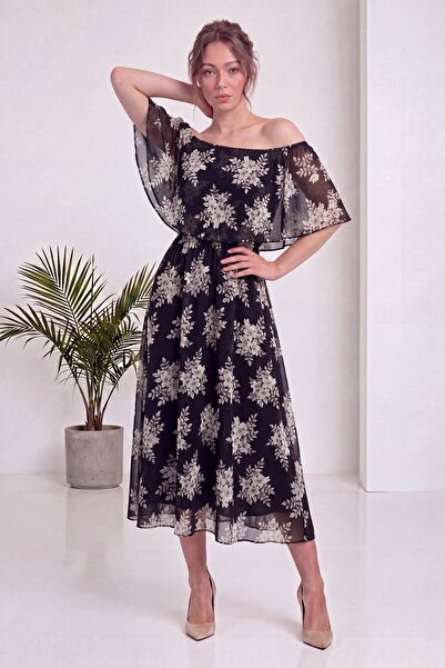 zks grup tekstil Women's Madonna Collar Floral Patterned Midi Length Chiffon ...
