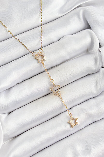 ARMÜZ 316L Steel Zircon Stone Star Figured Y Model Gold Color Women's Necklace