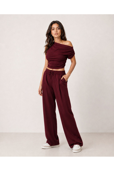 Sovia Women's Modal Fabric Draped Crop Top and Elastic Waist Lace-Up Wide-Leg...