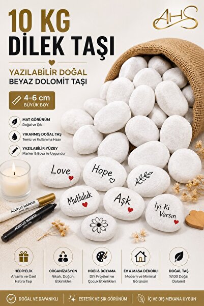 AHS 10 KG Dilek Taşı Yazılabilir Doğal Beyaz Dolomit Taşı 4-6 cm | Nikah Düğü...