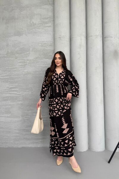 mezqa Mink Patterned Long Sleeve Dress with Slit Detail