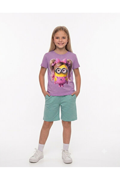 LİTTLE TORTOİSE Girls' Minions Printed Crew Neck T-Shirt - Shorts Set