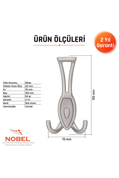 Nobel Zeplin Portmanto Askısı, Metal Vestiyer Askısı, Matkrom Matkrom, Duvar ve Dolap Askılığı (5'li Set) Vidalı