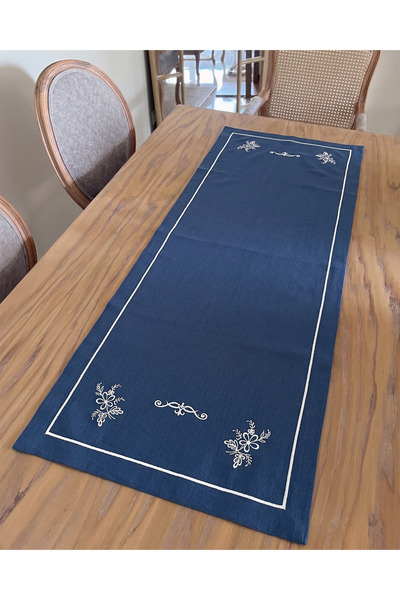 Reyn Home İndigo Nakışlı Keten Kumaş 1 Adet Runner, 50x150cm