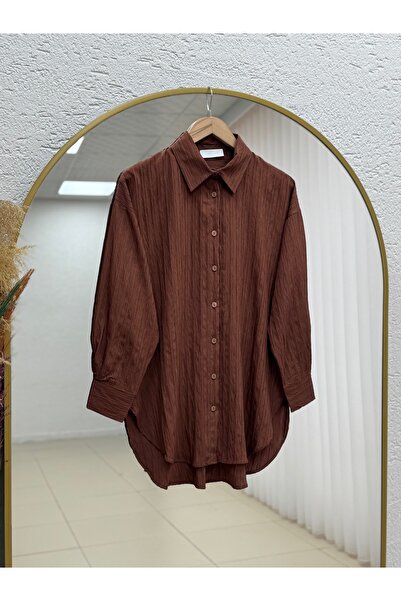 MİHRA STORE Çiğdem Striped Linen Blend Oversize Women's Shirt-Zn1174 Tile