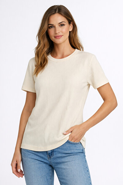 Umay moda 59 Women's Cream Rib Textured Basic T-Shirt