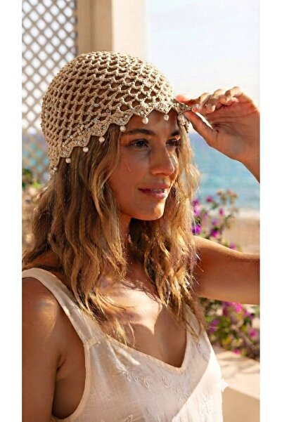 alinastore Beanie Hat with Beads and Sequins Detail, Knitted Mesh Bandana