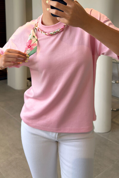 MAGARDE Modal Blouse with Chain Collar and Scarf - Pink