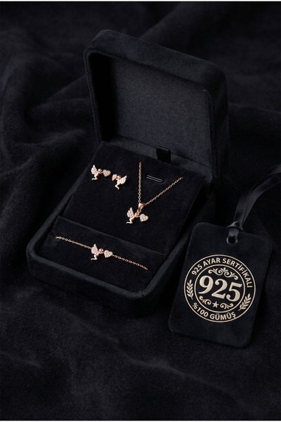 Roza Silver 925 Ayar Gümüş Zirkon Taşlı Rose Kaplama Aşk Meleği Kolye Küpe Bi...