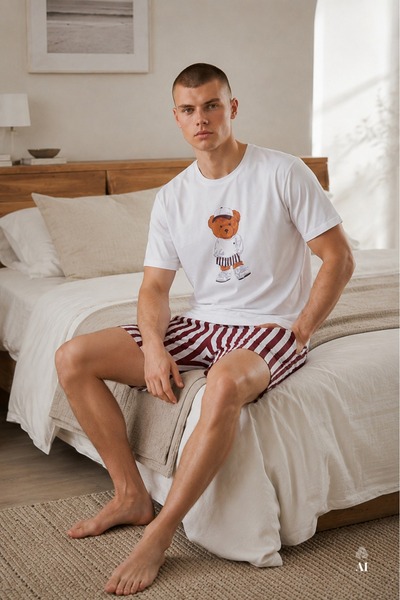 koza iç giyim Men's Cotton Blue Printed Pocket Shorts Pajamas Set